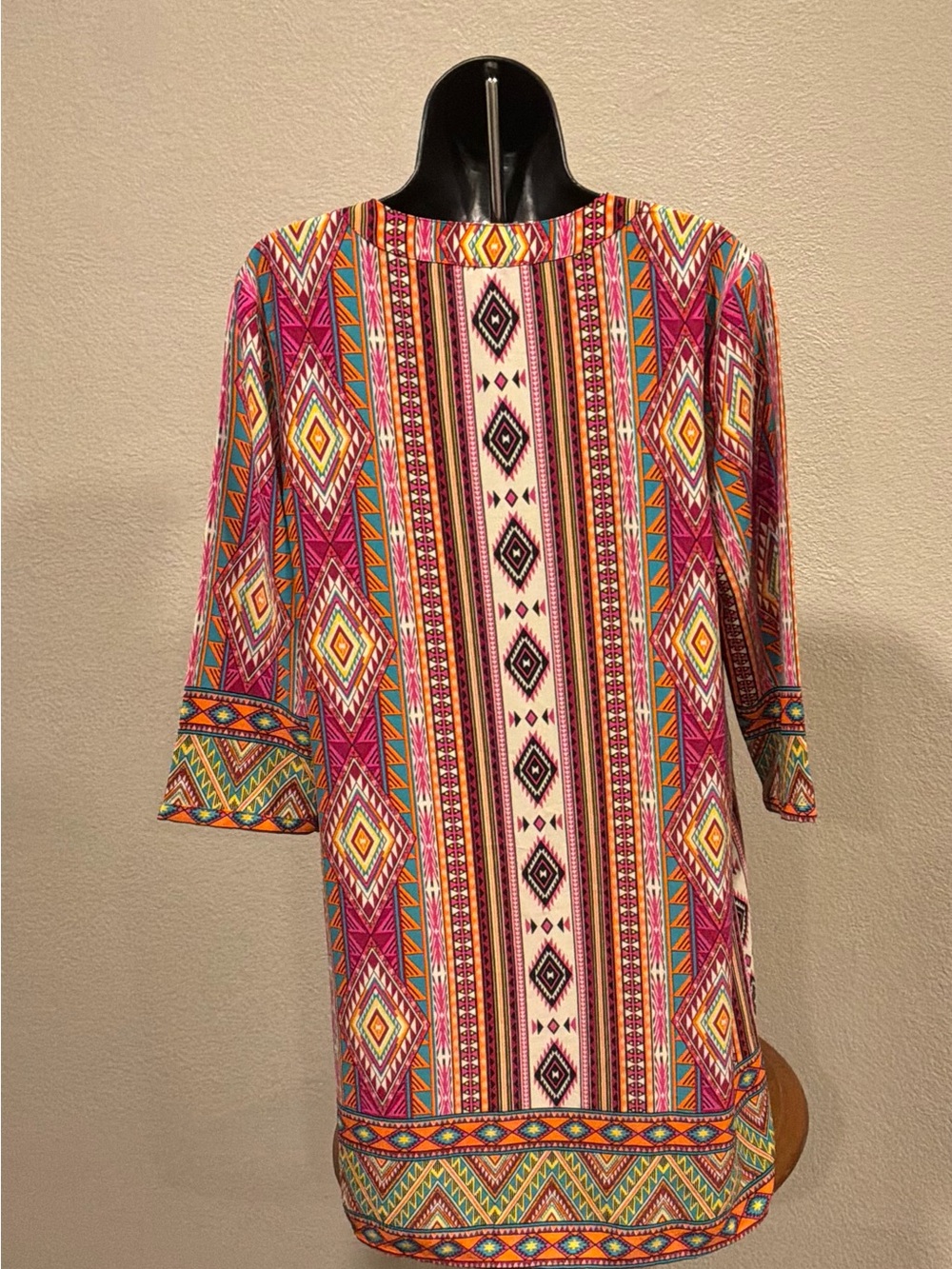 Gibson Latimer Multicolor Aztec-Print Mini Dress — Pink, Turquoise, Orange - Picture 2 of 5